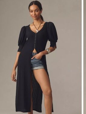 Anthropologie Black Button-Front Maxi Tunic with Puff Sleeves